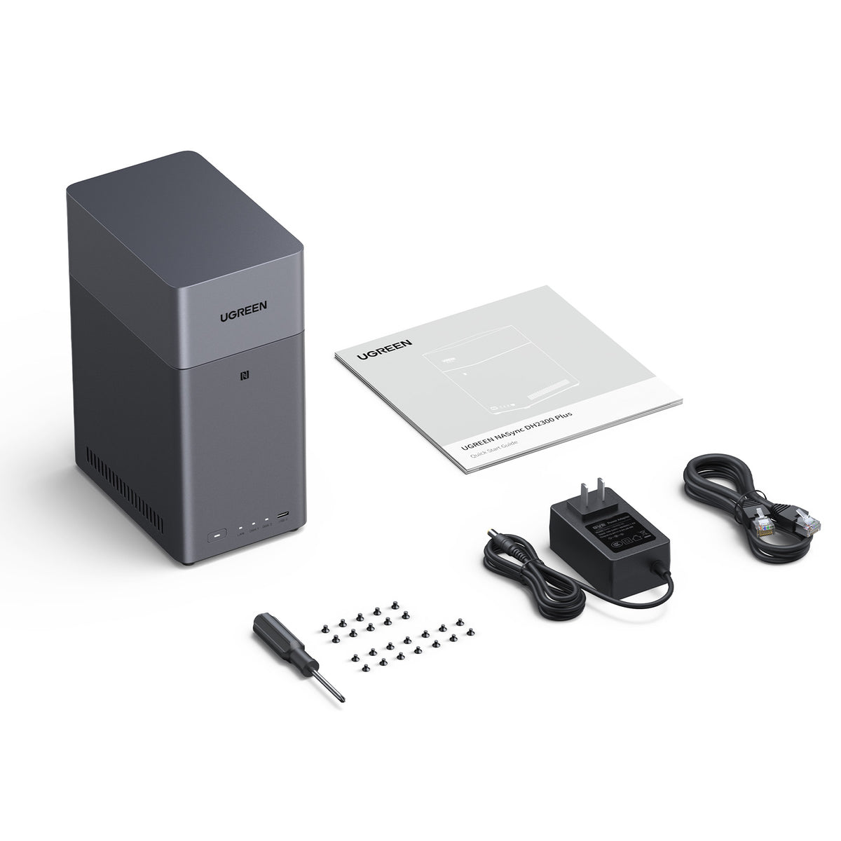 Ugreen NASync DH2300 2-Bay NAS storage enclosure and supplied accessories