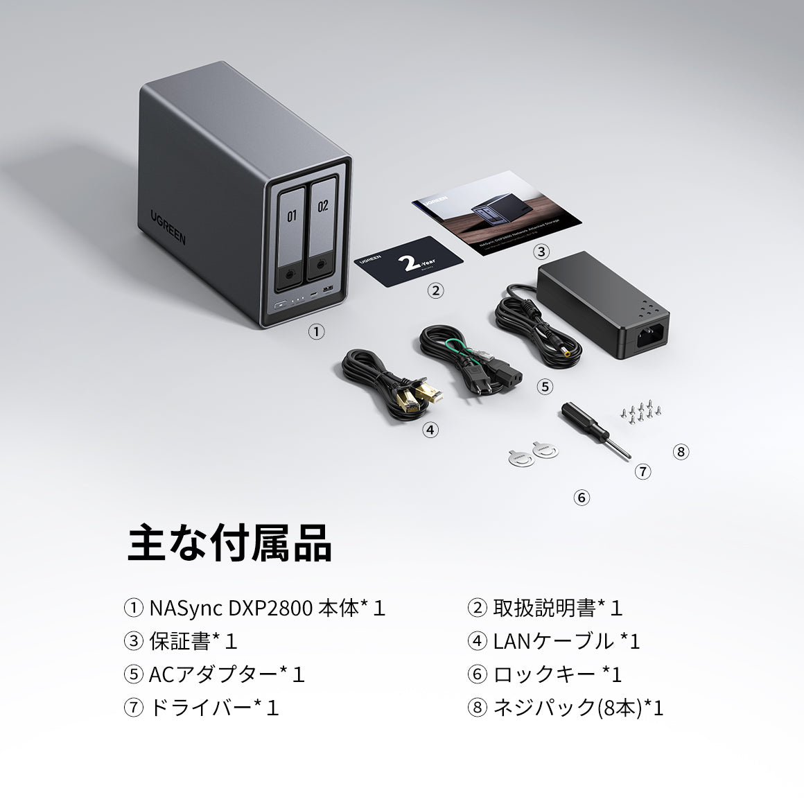 NASストレージ NASync DXP2800 同梱物リスト（取扱説明書・保証書・LANケーブル等）