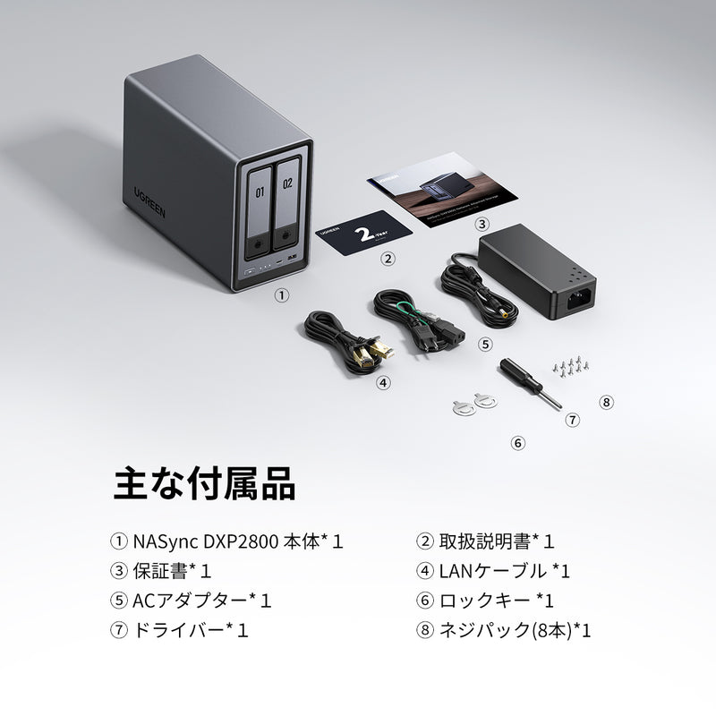 NASストレージ NASync DXP2800 同梱物リスト（取扱説明書・保証書・LANケーブル等）